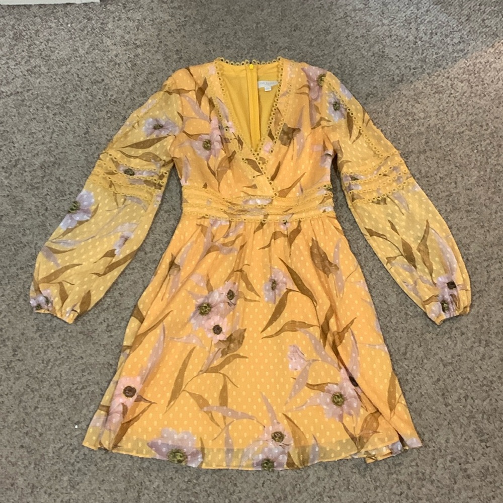 Ted Baker yellow lilac boho floral eyelit lace trim fitted waist midi dress sz 0